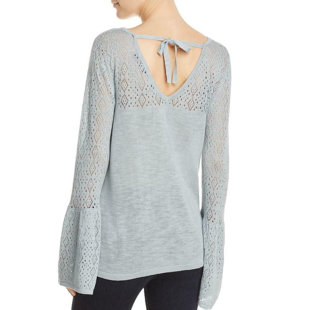 Pointelle Bell Sleeve Tie Back V-Neck Sweater